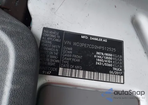 2017 Mercedes-Benz Sprinter 2500 Standard Roof V6 z USA, uszkodzony, nr VIN WD3PE7CD2HP512525